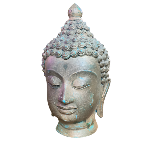Antique Bronze Buddha Head – 8.5” Tall with Natural Patina