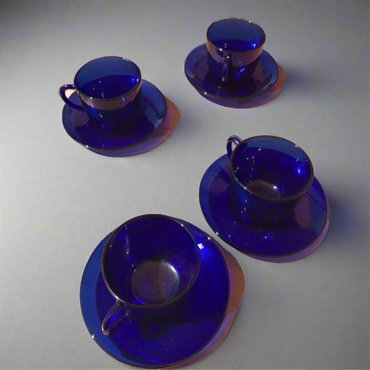 1960s Cobalt Blue Glass Cup & Saucer - Set of Four