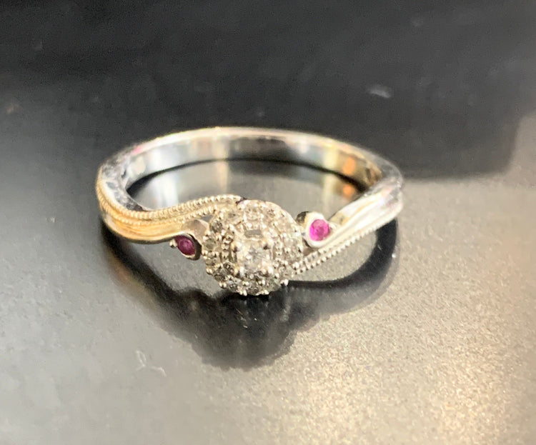 10K White Gold Diamond Cluster Ring with Red Topaz Accents – Size 6 – Vintage-Inspired Design