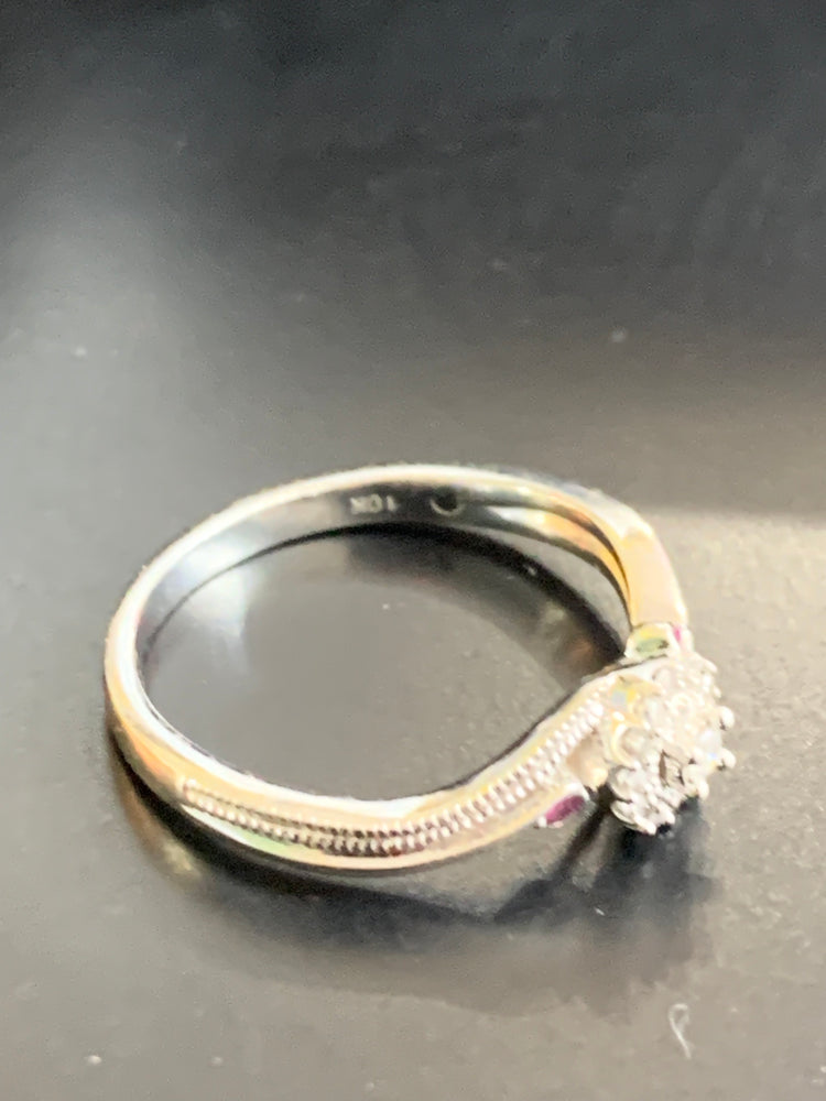10K White Gold Diamond Cluster Ring with Red Topaz Accents – Size 6 – Vintage-Inspired Design
