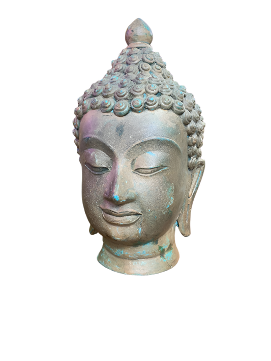 Antique Bronze Buddha Head – 8.5” Tall with Natural Patina