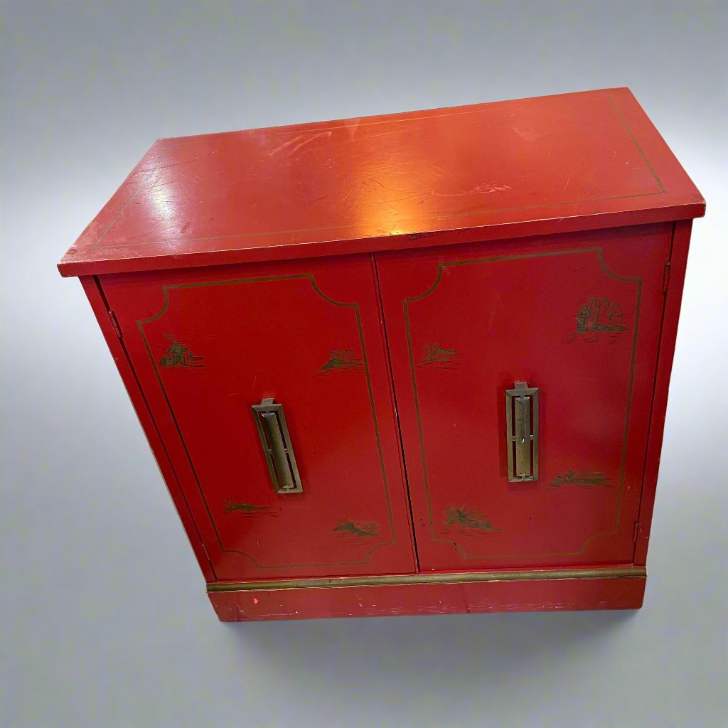 Vintage Red Chinoiserie Double Door Cabinet