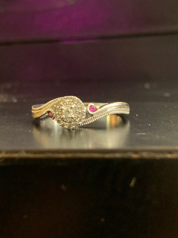 10K White Gold Diamond Cluster Ring with Red Topaz Accents – Size 6 – Vintage-Inspired Design