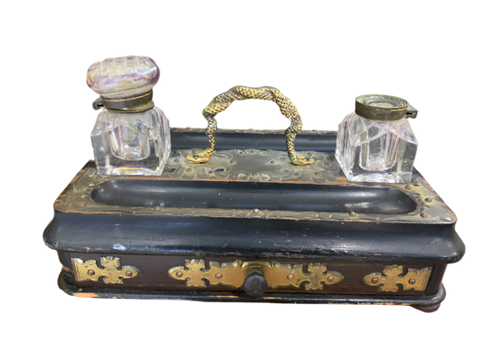 Brass and Lacquered Wood Portable Writing Desk/Box and Inkstand
