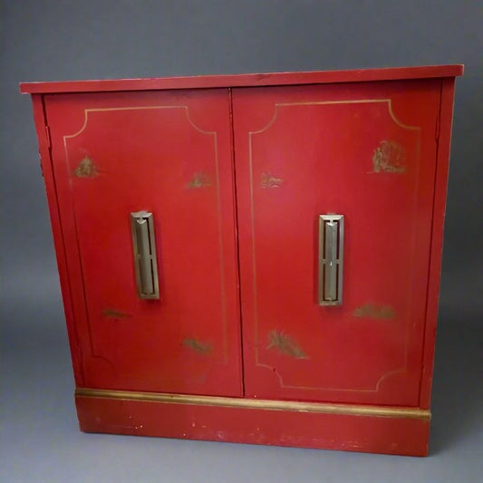 Vintage Red Chinoiserie Double Door Cabinet