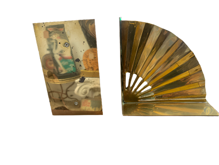 1950s Hollywood Regency Asian Fan Shaped Solid Polished Brass Bookends- Set