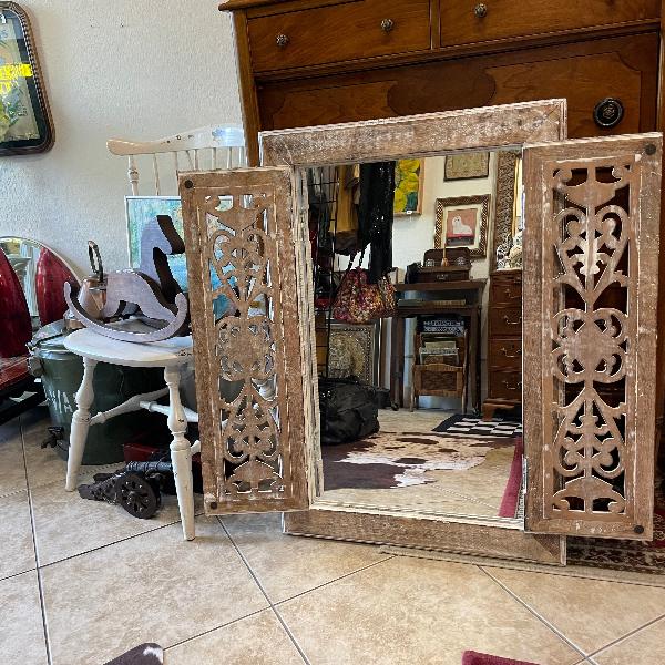 Vintage Shuttered Mirror in White, blending farmhouse, boho, and Parisian charm.