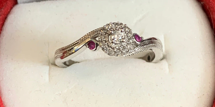 10K White Gold Diamond Cluster Ring with Red Topaz Accents – Size 6 – Vintage-Inspired Design