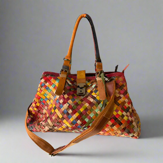 Genuine Leather Multi-Colored Basket Weave Handbag