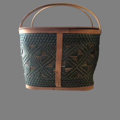 Mid-Century Modern Green and Brown Woven Picnic Basket with Handles