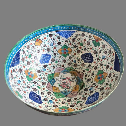 Vintage Hand-Painted Enamel on Copper Bowl with Middle Eastern Figurative Art