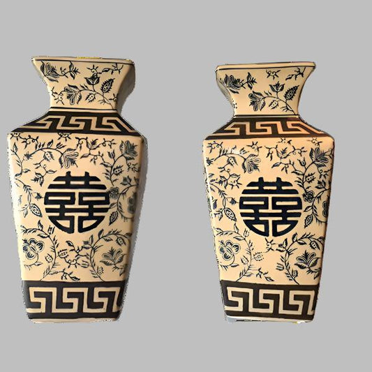 Vintage Asian Inspired Floral Pattern Square Vases- A Pair