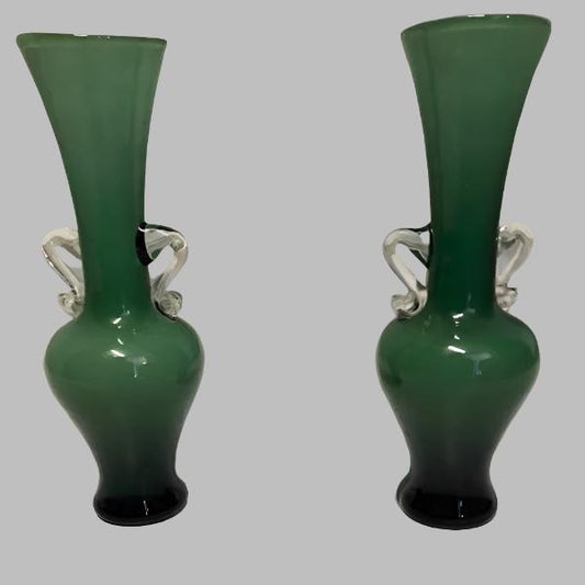 Vintage Hand blow Green Glass Bud with Handles-A Pair